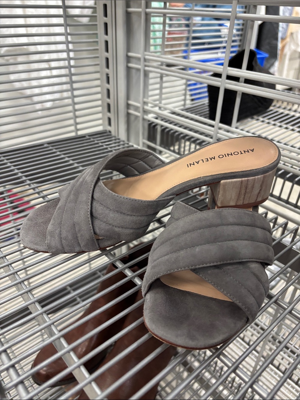 ANTONIO MELANI Gray Suede Quilted Block Heel Mules